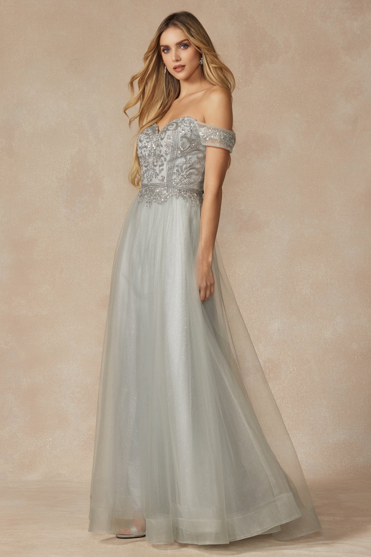 Off The Shoulder Beads Top Tulle Skirt Long Prom Dress JT287-3