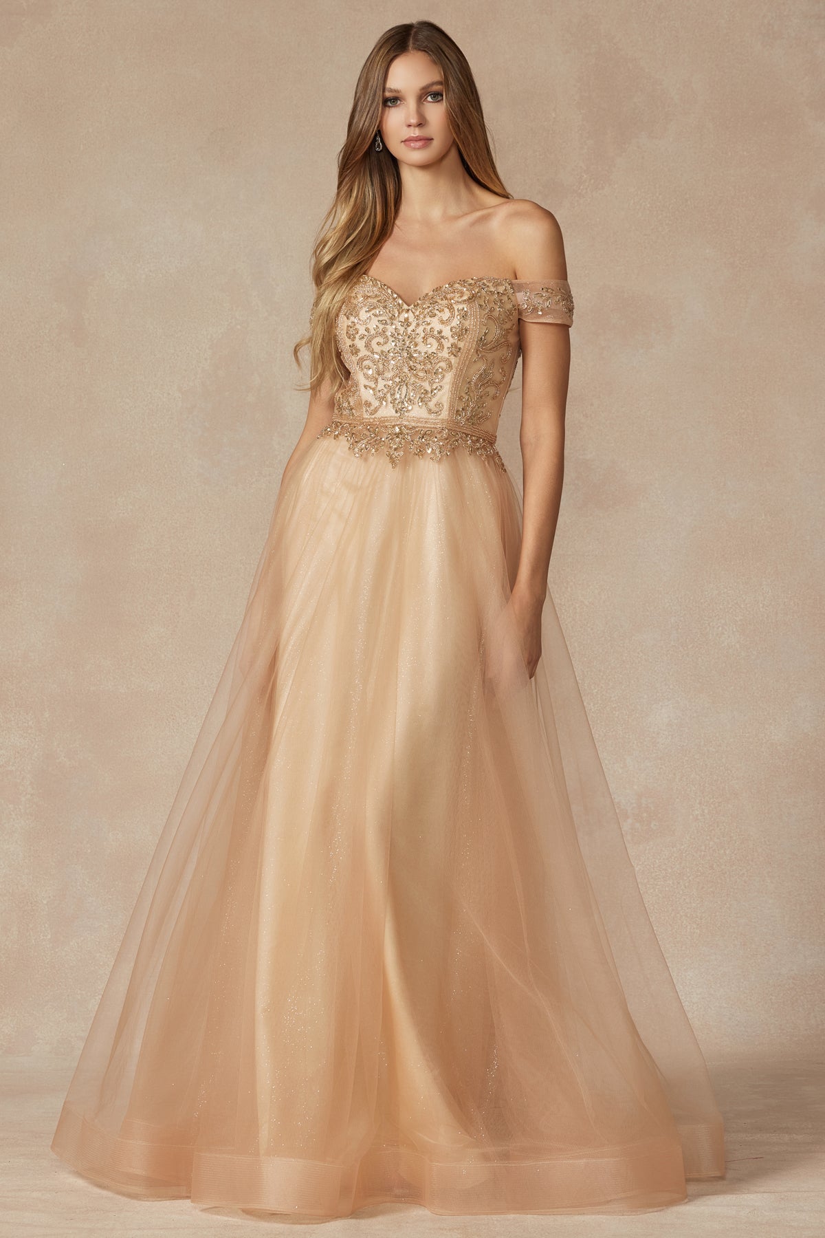 Off The Shoulder Beads Top Tulle Skirt Long Prom Dress JT287-5