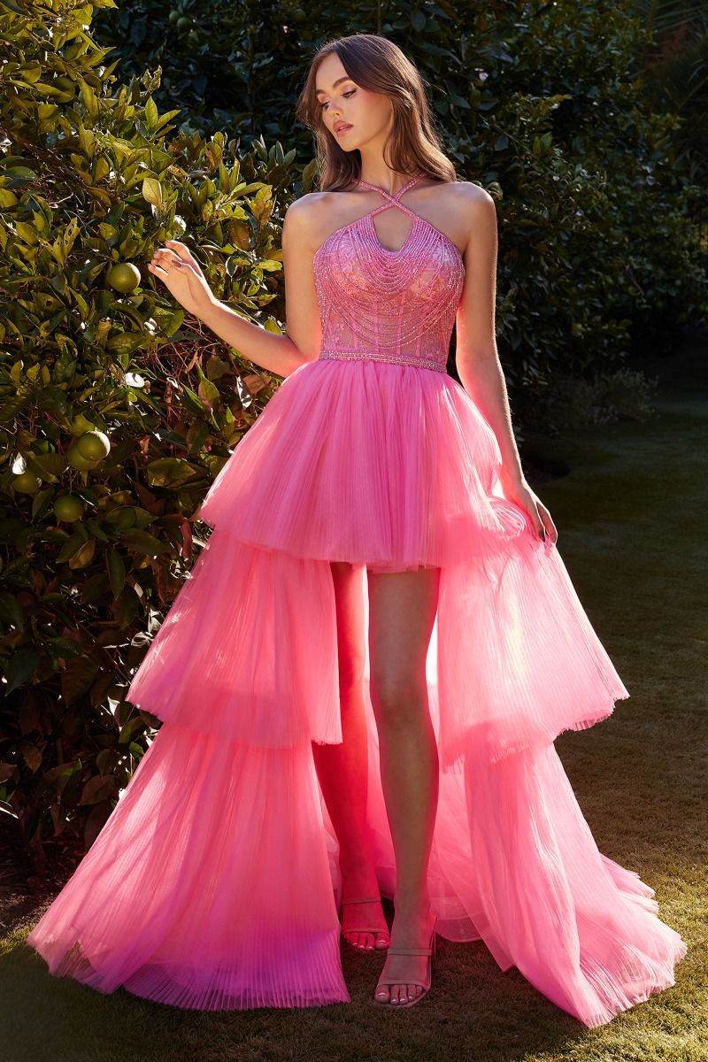 HIGH LOW HALTER BEADED BALL GOWN CDA1239-1