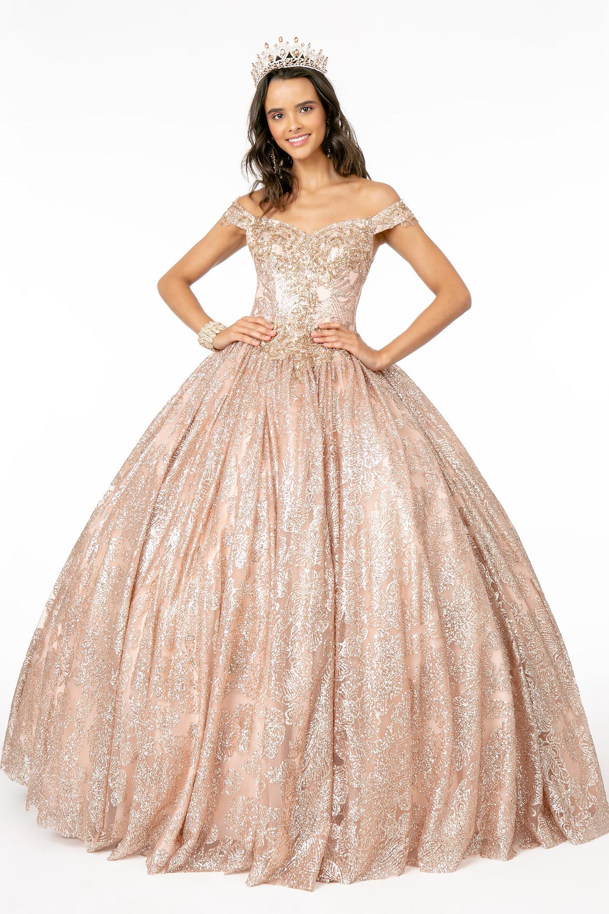 Sweetheart Neckline Cut-Away Shoulder Glitter Mesh Long Quinceanera Dress GLGL1820-4