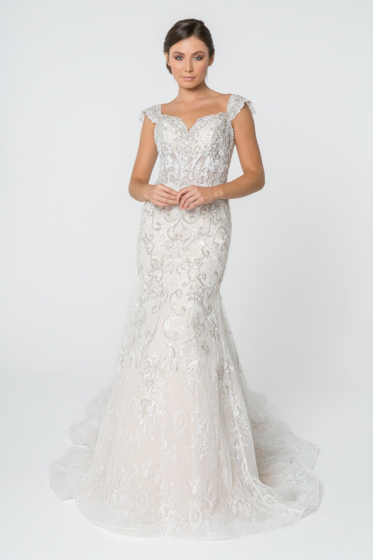 Jewel and Embroidery Embellished Mesh Long Wedding Dress GLGL2822-0
