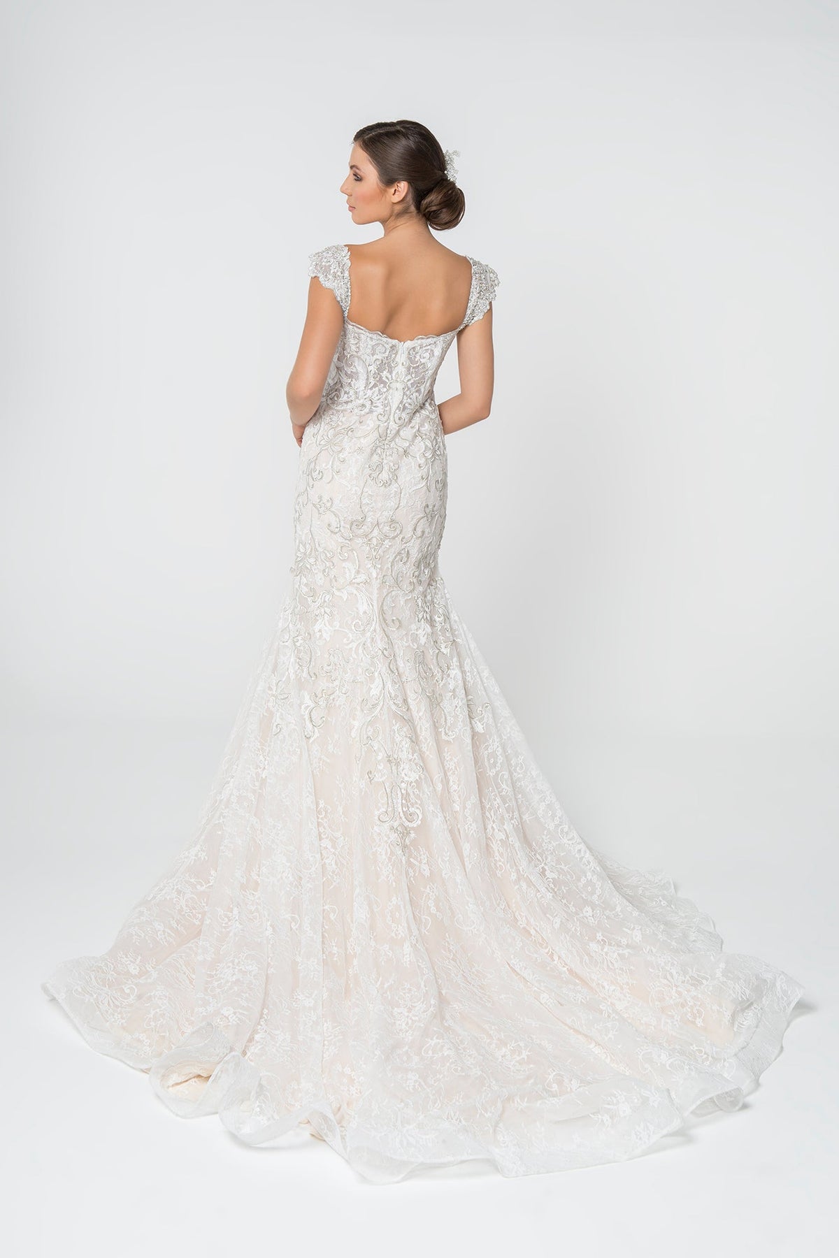 Jewel and Embroidery Embellished Mesh Long Wedding Dress GLGL2822-1