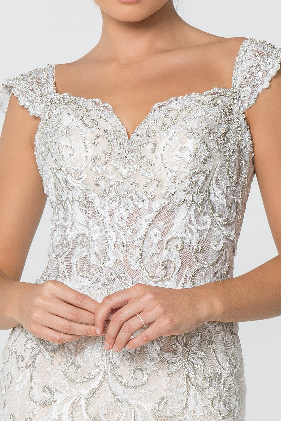 Jewel and Embroidery Embellished Mesh Long Wedding Dress GLGL2822-2